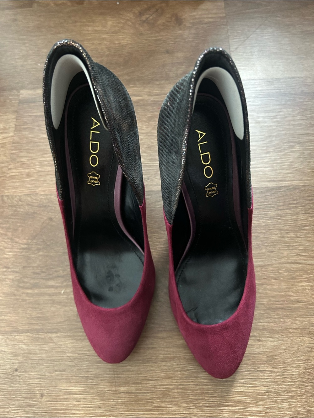 ALDO Burgundy Suede Pointed-Toe Pumps with Black Textured Heel